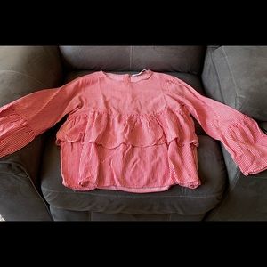 Zara Trafaluc Red White Striped Ruffle Blouse